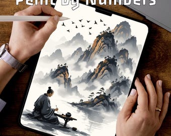 Japanese Ink Monk Paint by Numbers | | Digital Coloring Pages for Krita  PDF | Zen Landscape Art