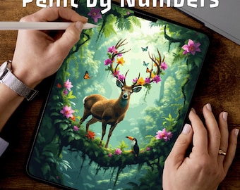 Floral Antler Deer | Coloring Pages for Krita | Digital Paint by Numbers PDF | Jungle Fantasy Art