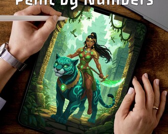 Panther Temple Princess | Paint by Numbers Pages | Fantasy Tablet PDF | Printable Pages | 3 Levels
