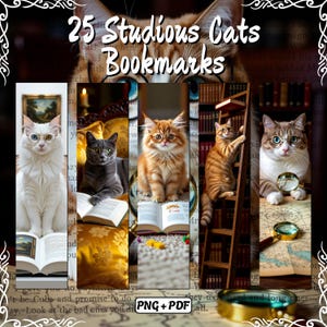 Puede incluir: Un conjunto de 25 marcapáginas "Gatos Estudiosos". Cada marcapáginas presenta un gato con gafas, leyendo libros o usando una lupa. Los marcapáginas son verticales, con una variedad de razas de gatos y entornos.