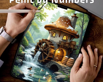 Mushroom Watermill | Paint by Numbers Pages | Cozy Forest PDF | Printable Pages | 3 Levels