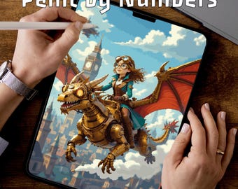 Steampunk Dragon Girl | Paint by Numbers Pages | Kids iPad PDF | Easy Medium Hard