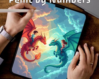 Twin Dragon Riders | Paint by Numbers Pages | Kids Fantasy PDF | Printable Pages | 3 Levels