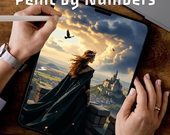 Storm Tower Princess | Digital Paint by Numbers PDF | Coloring Pages for Photoshop | Fantasy Castle Art