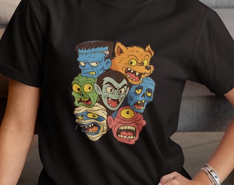 Retro Monster Heads T-Shirt: Vintage Horror Movie Collage