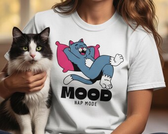 Camiseta con estampado de gato durmiendo, camiseta con estado de ánimo y modo siesta, camiseta relajada con felino de dibujos animados