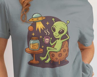Coffee Alien Comfort Colors T-Shirt: Spooky UFO Graphic Tee