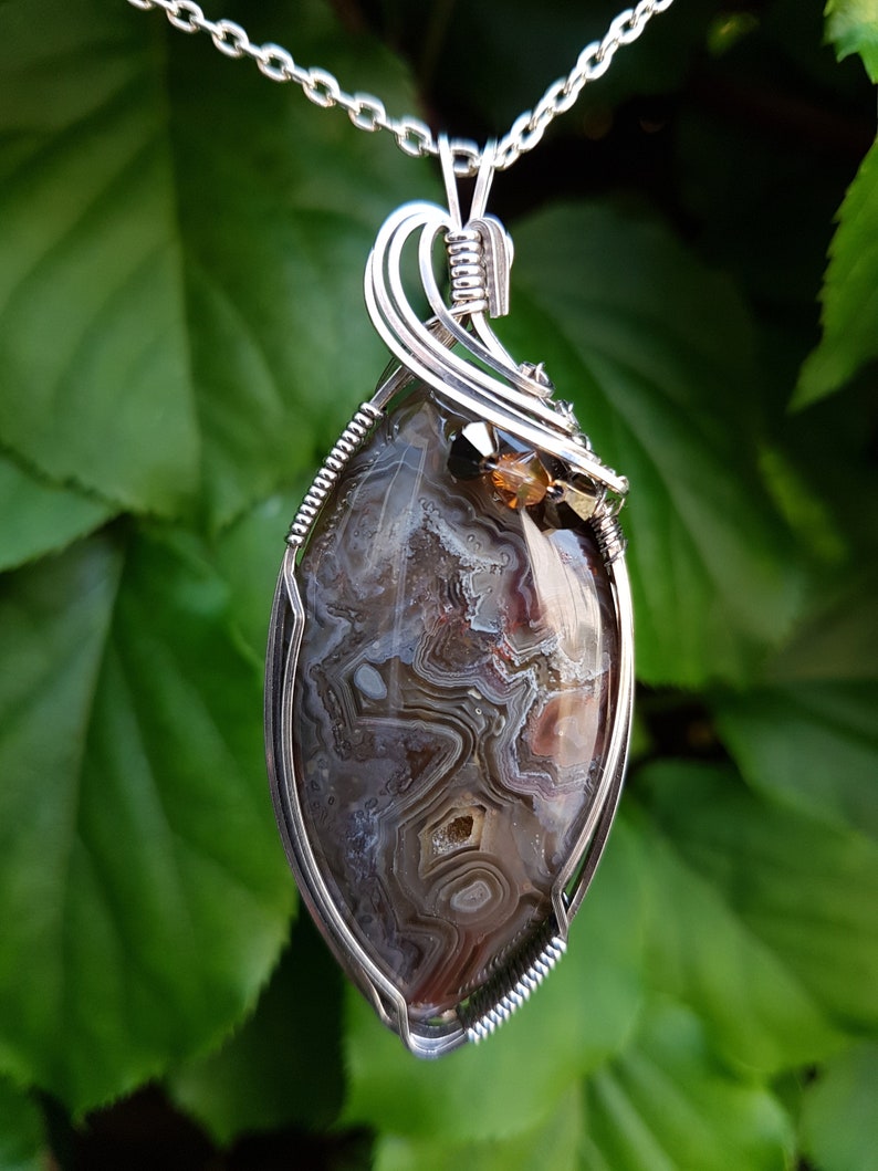 Crazy Lace Agate Brown Cream Druzy Crystals and Sterling Silver Pendant Unique Wire Wrapped by J A Rowe