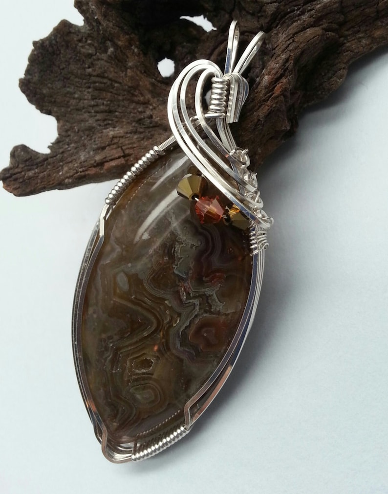 Crazy Lace Agate Brown Cream Druzy Crystals and Sterling Silver Pendant Unique Wire Wrapped by J A Rowe
