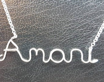 Sterling Silver Name Necklace "Amani", Personalised Necklace, Custom Name Necklace, Word Sterling Silver Necklace, Wire Name Necklace