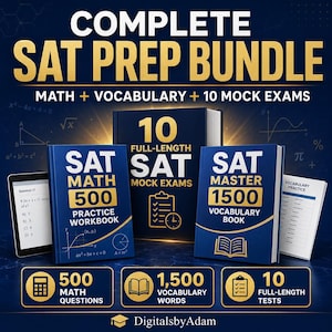 May include: A complete SAT prep bundle featuring three blue and gold books titled SAT Math 500 Practice Workbook, 10 Full-Length SAT Mock Exams, and SAT Master 1500 Vocabulary Book, alongside a digital tablet and a vocabulary practice sheet.