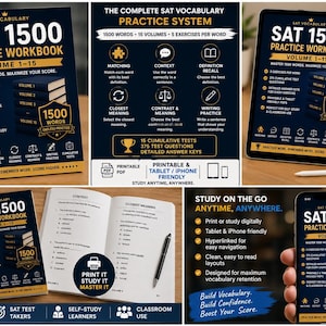 May include: The SAT 1500 Practice Workbook Volume 1-15 is a comprehensive study system featuring 1500 words, 15 volumes, and 375 test questions. The set includes a spiral-bound book, digital tablet and smartphone versions, and printable PDF files.