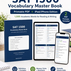 Pode incluir: Um livro de vocabulário azul escuro SAT 1500 com um tablet e smartphone correspondentes exibindo páginas de estudo. O texto da capa diz SAT 1500 Vocabulary Master Book, 1.500 palavras acadêmicas e DigitalsbyAdam.