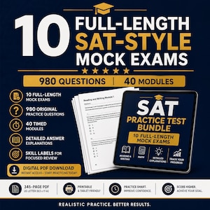 10 Full-Length SAT Practice Tests PDF, 980 Questions, Math & Reading Writing Mock Exams