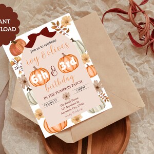 May include: A fall-themed birthday invitation with pumpkins and floral accents. The invitation reads "Ivy & Olives 6th & 3rd Birthday" and includes the date, time, and location. The words "Instant Download" are also visible.