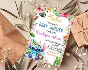 May include: A baby shower invitation with the word "Aloha" at the top. The invitation features a cartoon character and tropical flowers. The invitation text reads "Join us for a Baby Shower in honor of Brooklynn Adams".