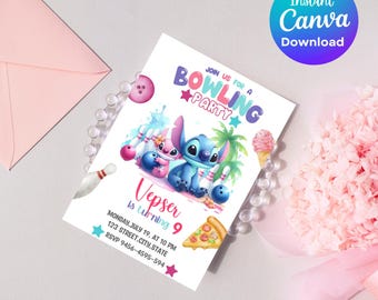 Stitch Bowling Game Watercolor Birthday Party Invitation |Stitch Lilo Strike Up Some Fun Party Invitation |Angel Invitation Download Invite