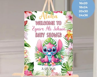 May include: A baby shower welcome sign featuring the character Stitch, surrounded by tropical flowers and foliage. The sign reads "Aloha Welcome to Zyaire Ali Johnson Baby Shower" with the date 7/27/2025. Sizes available: 16x20, 18x24, 20x30, and 24x36 inches.