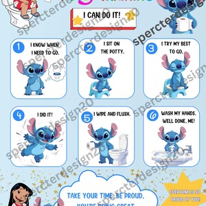 May include: A light blue educational poster titled STITCH POTTY TRAINING featuring Lilo and Stitch. It includes six numbered steps with illustrations of Stitch performing potty tasks, plus text like I CAN DO IT and TAKE YOUR TIME, BE PROUD.