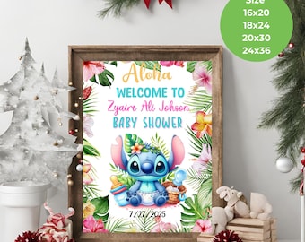 May include: A framed baby shower sign with the text "Aloha Welcome to Zyaire Ali Johson BABY SHOWER" and the date 7/27/2025. The sign features a cartoon character and tropical floral elements. Available sizes are 16x20, 18x24, 20x30, and 24x36 inches.