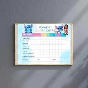May include: A framed chore chart featuring the text "Sophie's Chore Chart" with illustrations of Stitch. The chart includes spaces for daily tasks like tidying, washing dishes, and folding clothes, with a section for points and rewards.