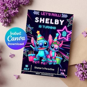 Puede incluir: Una colorida tarjeta de invitación para una fiesta de cumpleaños con el texto "Let's Roll!" y "Shelby cumple 8". El diseño incluye personajes de dibujos animados sobre patines, estrellas y la fecha 19 de julio. Descarga instantánea de Canva.