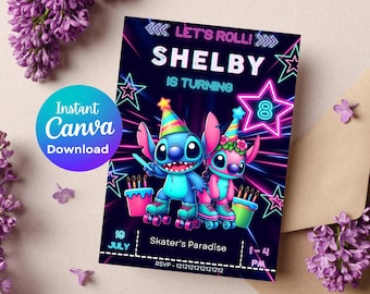 Stitch Roller Skating Neon Birthday Party Invitation |Stitch Lilo Pastel Skate Party Invitation | Angel Invitation Download Skate Lights