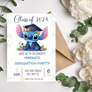 May include: Graduation party invitation featuring a cartoon character in a graduation cap. The invitation reads "Class of 2024" and "Join us to celebrate Marina's Graduation Party." Includes date, time, address, and RSVP information.