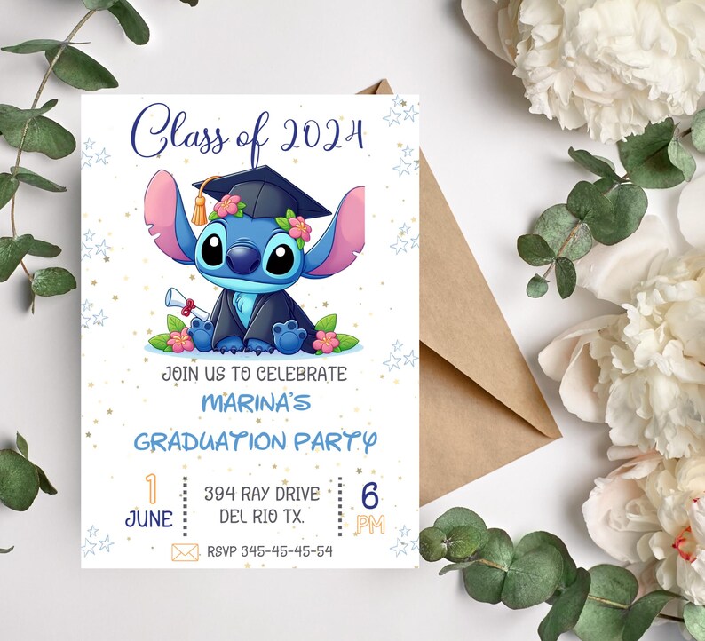 May include: Graduation party invitation featuring a cartoon character in a graduation cap. The invitation reads "Class of 2024" and "Join us to celebrate Marina's Graduation Party." Includes date, time, address, and RSVP information.