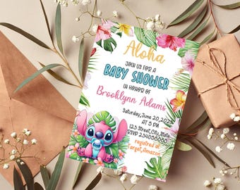 May include: Baby shower invitation with the word "Aloha" in yellow script. The invitation features a cartoon character, tropical flowers, and the text "Join us for a Baby Shower in Honor of Brooklynn Adams."
