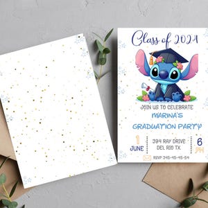 May include: Graduation party invitation featuring a cartoon character in a graduation cap. The invitation includes the text "Class of 2024" and details for Marina's graduation party, including the date, time, and location.