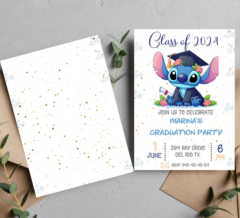 May include: Graduation party invitation featuring a cartoon character in a graduation cap. The invitation includes the text "Class of 2024" and details for Marina's graduation party, including the date, time, and location.
