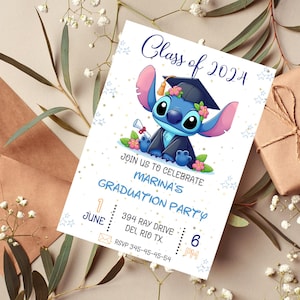 May include: A graduation party invitation featuring a cartoon character wearing a graduation cap and gown. The invitation reads "Class of 2024" and invites guests to celebrate Marina's graduation. The date and time are included.