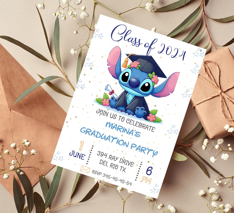 May include: A graduation party invitation featuring a cartoon character wearing a graduation cap and gown. The invitation reads "Class of 2024" and invites guests to celebrate Marina's graduation. The date and time are included.