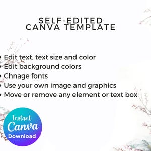 May include: White background with text: SELF-EDITED CANVA TEMPLATE. Features include editing text, background colors, fonts, and using your own images. Includes a blue and purple "Instant Canva Download" badge.