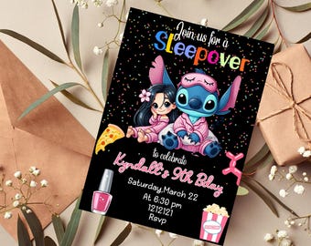 Stitch Sleepover Neon Birthday Party Invitation |Stitch Lilo Slumber Party Party Invitation |Pink Angel Invitation Download Pajama Party