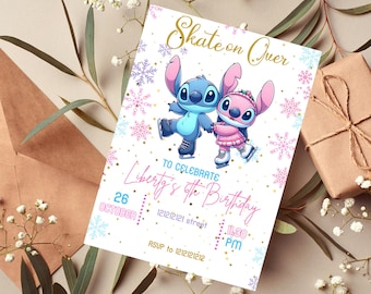 Stitch Winter Ice Roller Skating Pastel Birthday Party Invitation |Stitch Lilo Ice Skating Party Invitation |Pink Angel Invitation Ice Skate