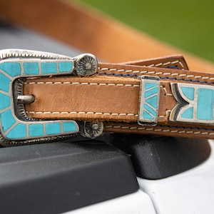 Vintage southwestern style silver and turquoise inlay lariat stitched belt - Petite, size 30-28 - made by United Colors of Benetton in Italy
