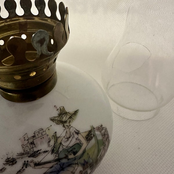 Vintage Alka Kunst Porcelain Hand Painted Miniature Hurricane Lamp with glass Globe