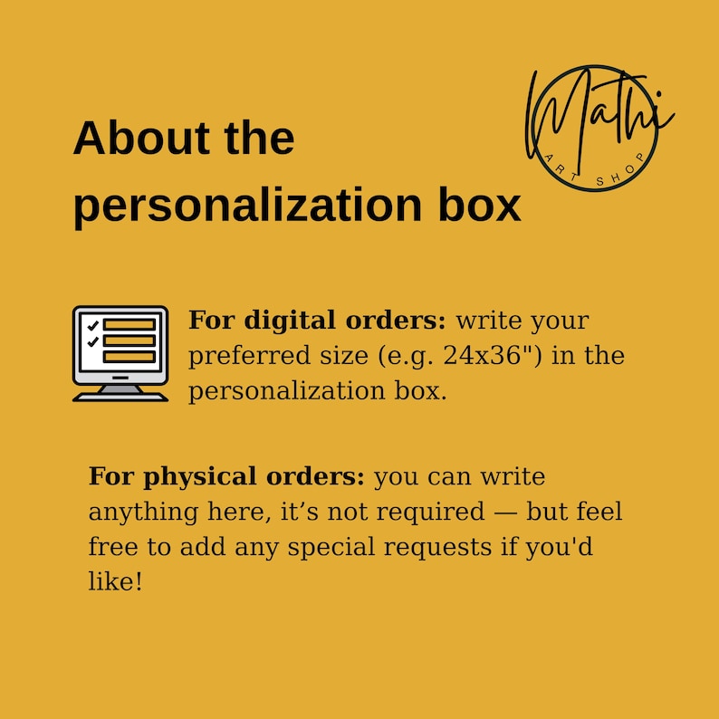 Pode incluir: Gr&aacute;fico cor mostarda com o texto "Sobre a caixa de personaliza&ccedil;&atilde;o". S&atilde;o fornecidas instru&ccedil;&otilde;es para pedidos digitais e f&iacute;sicos, incluindo especifica&ccedil;&otilde;es de tamanho para pedidos digitais. O logotipo Mathi Art Shop est&aacute; no canto superior direito.