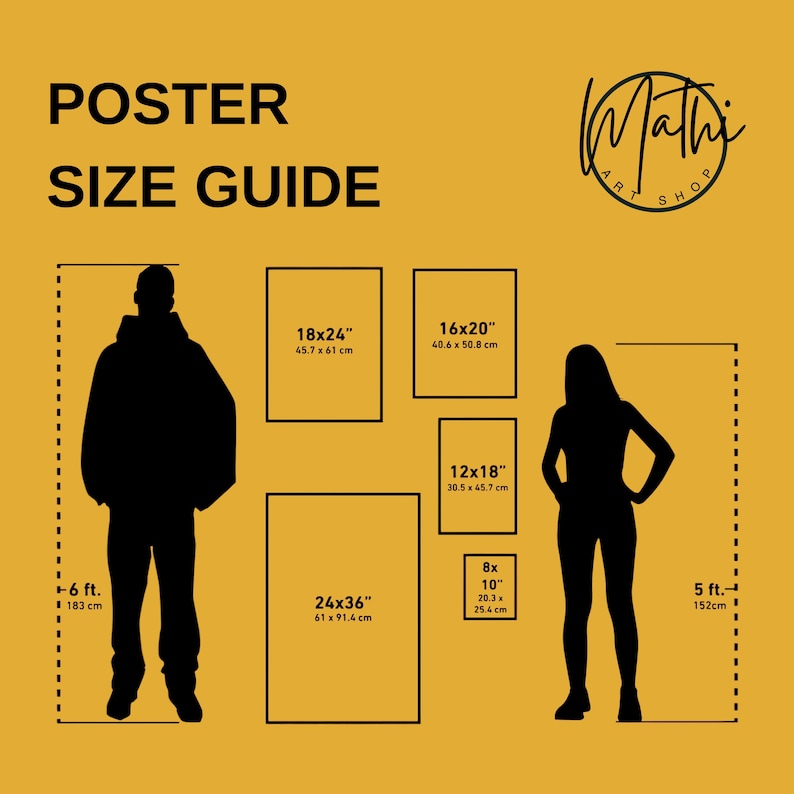 Pode incluir: Um guia de tamanhos de cartazes com dimens&otilde;es em polegadas e cent&iacute;metros. O guia inclui tamanhos como 18x24" (45,7 x 61 cm), 16x20" (40,6 x 50,8 cm), 12x18" (30,5 x 45,7 cm), 8x10" (20,3 x 25,4 cm) e 24x36" (61 x 91,4 cm).