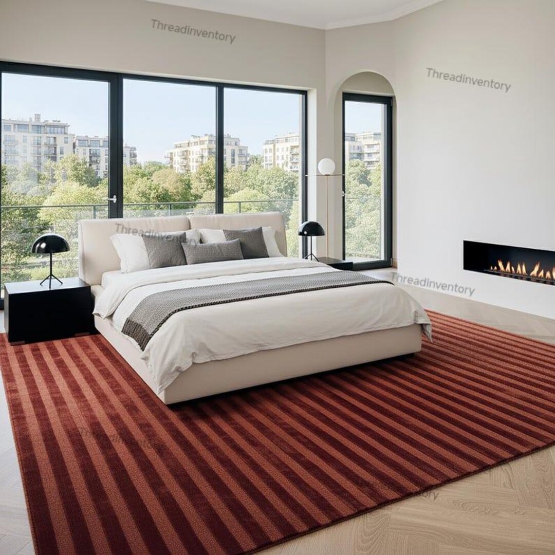 Rust Terracotta Striped Rug – Burnt Orange Linear Pattern Carpet in ...