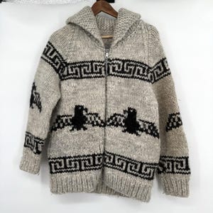 Vintage Handmade Cowichan Cardigan Thunderbird Wool Zip Up Sweater *stain