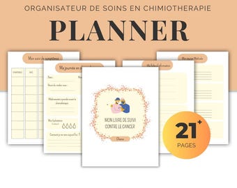 Puede incluir: Un planificador de descarga digital con el texto "ORGANISATEUR DE SOINS EN CHIMIOTHÉRAPIE PLANNER". El planificador incluye páginas para el seguimiento de síntomas, registros diarios e información médica. La portada presenta una ilustración y el texto "MON LIVRE DE SUIVI CONTRE LE CANCER".