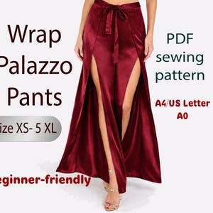 Puede incluir: Un patrón de costura de pantalón palazzo envolvente burdeos. El pantalón tiene una cintura alta con lazo y un diseño de abertura frontal. El patrón es apto para principiantes y está disponible en tallas XS a 5XL. Disponible en formatos A4/US Letter y A0.