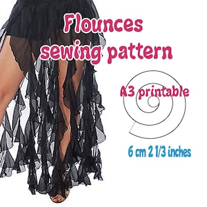 Op de afbeelding: Zwart flounce rok naaipatroon met A3 printbare instructies. De rok heeft gelaagde ruches en een split ontwerp. De afbeelding bevat ook een spiraalvormige afbeelding en de afmeting van 6 cm.