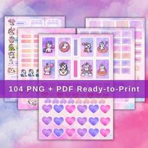 Puede incluir: Una colección de pegatinas imprimibles para planificador con un fondo de acuarela en tonos rosa, morado y azul. Las pegatinas presentan ilustraciones de unicornios, corazones y elementos de calendario. El texto en la imagen dice "104 PNG + PDF Ready-to-Print".