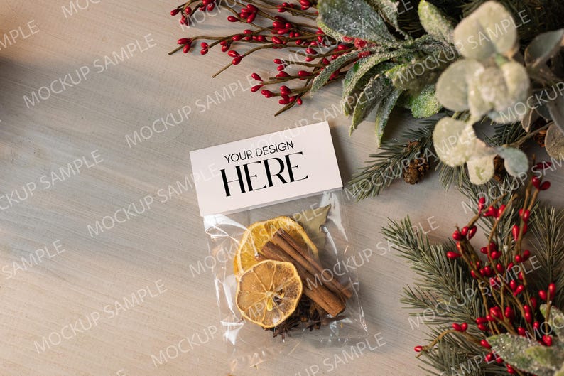 Christmas Potpourri Gift Tag Mockup: 4x2 Folded Tag (PSD, PNG) - #150MU image 2