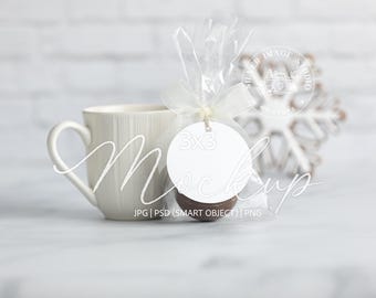 Round Gift Tag Mockup: Chocolate Bomb, Christmas, Winter (Digital Download) - #153MU
