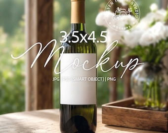 Mockup etykiety na butelkę wina: etykieta 3,5x4,5, wesele, prezenty na co dzień, edytowalny plik PSD PNG jpg (pobieranie cyfrowe) - #304MU
